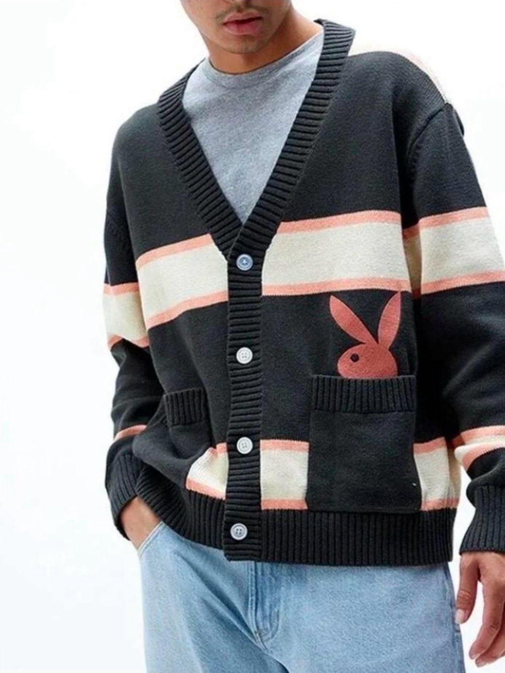 Playboy Charcoal and Cream Striped V-Neck Cardigan with Pink Accent